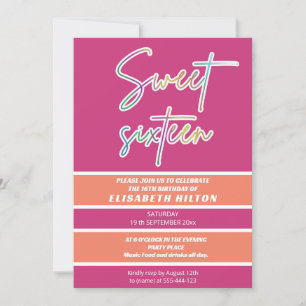 Cool fun neon typography stripes sweet 16 invitation