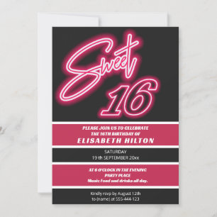 Cool fun neon typography stripes sweet 16 invitation