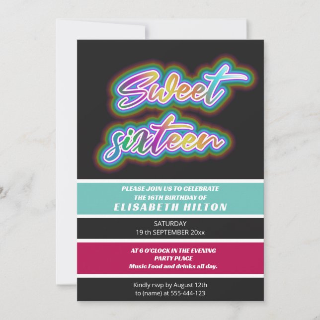 Cool fun neon typography stripes sweet 16 invitation (Front)