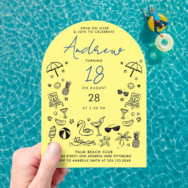 Cool Fun Neon Yellow Blue Beach Pool Party Doodle Acrylic Invitations (Creator Uploaded)