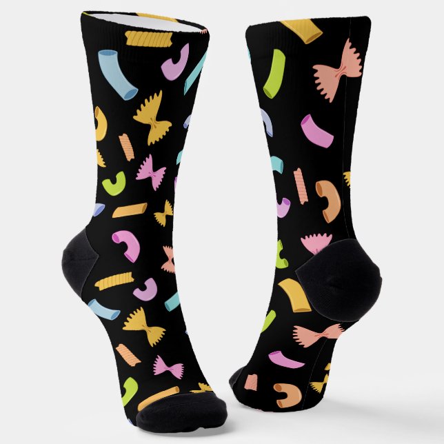 Cool fun pasta macaroni colorful pattern on black socks (Angled)