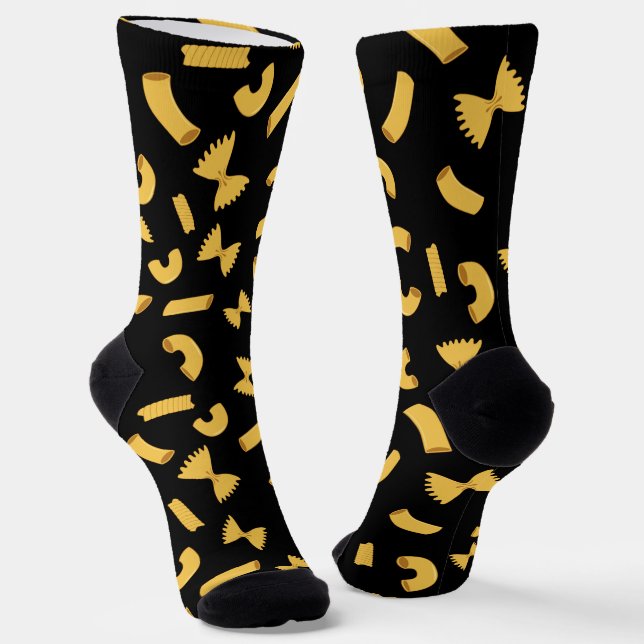 Cool fun pasta macaroni pattern on black socks (Angled)
