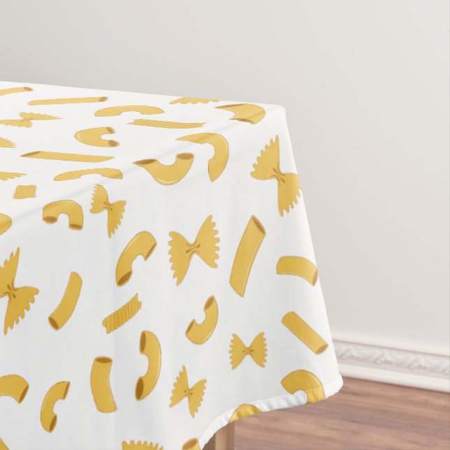 Cool fun pasta macaroni pattern on white tablecloth (In Situ)