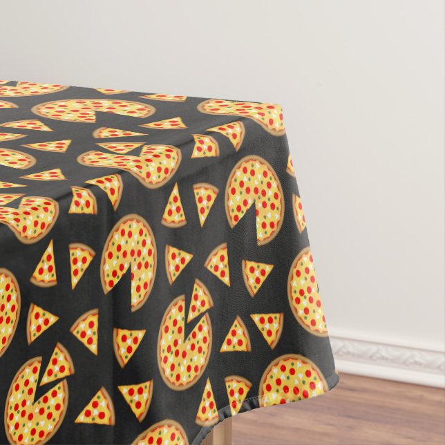Cool fun pizza and slices pattern on dark gray tablecloth (In Situ)