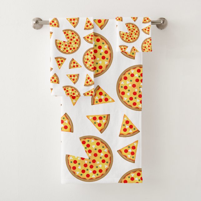 Cool fun pizza and slices pattern on white bath towel set (Insitu)