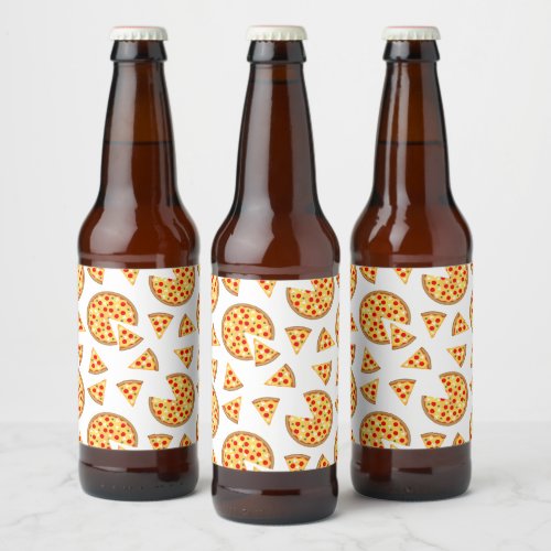 Cool fun pizza and slices pattern on white beer bottle label
