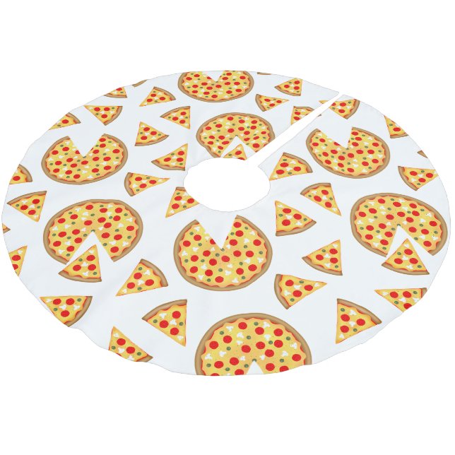 Cool fun pizza and slices pattern on white brushed polyester tree skirt (Angled)