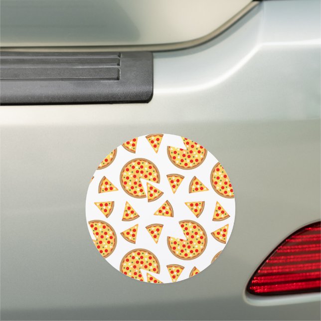 Cool fun pizza and slices pattern on white car magnet (In Situ)
