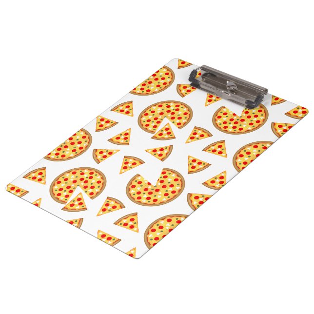 Cool fun pizza and slices pattern on white clipboard (Angled)