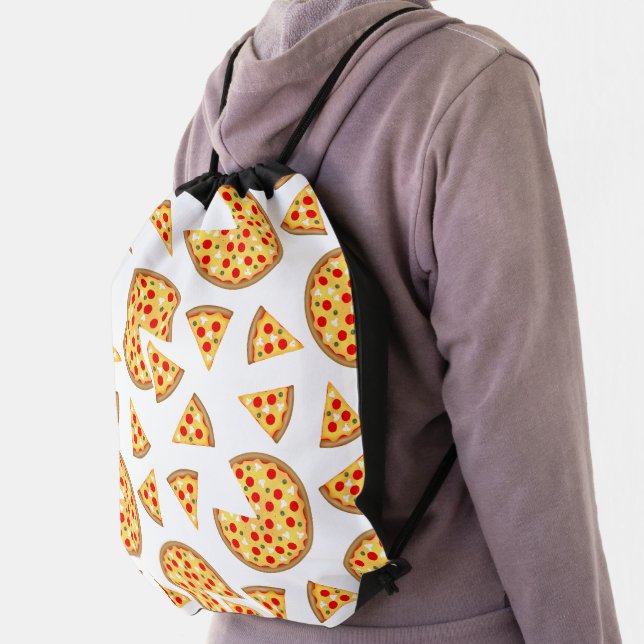 Cool fun pizza and slices pattern on white drawstring bag (Insitu)
