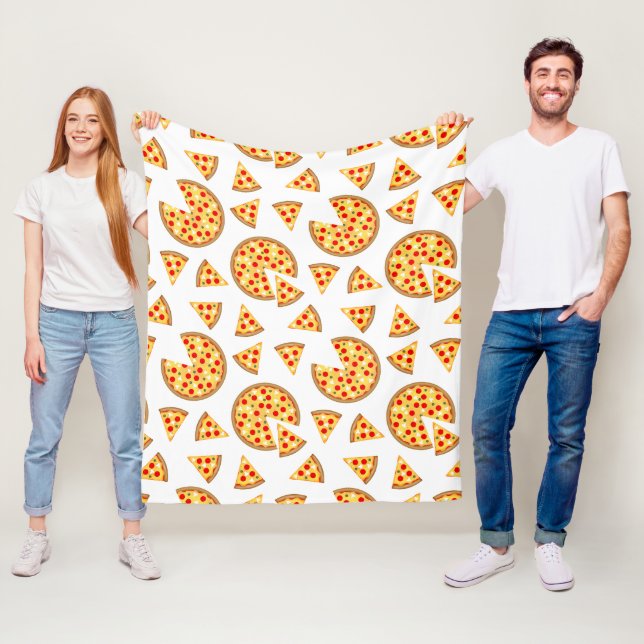 Cool fun pizza and slices pattern on white fleece blanket (In Situ)