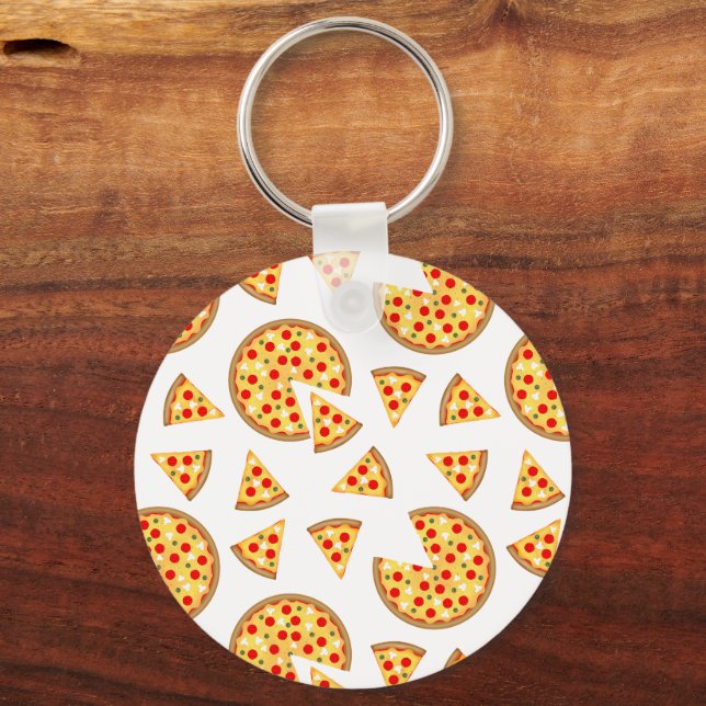 Cool fun pizza and slices pattern on white keychain (Front)