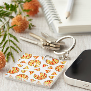 Cool fun pizza and slices pattern on white keychain