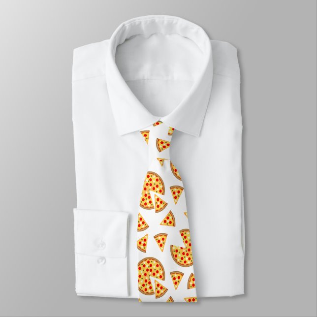 Cool fun pizza and slices pattern on white neck tie (Tied)