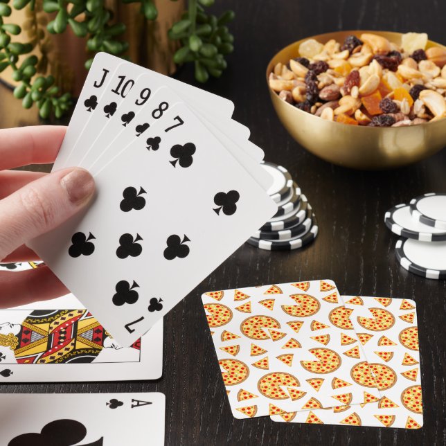 Cool fun pizza and slices pattern on white poker cards (In Situ)