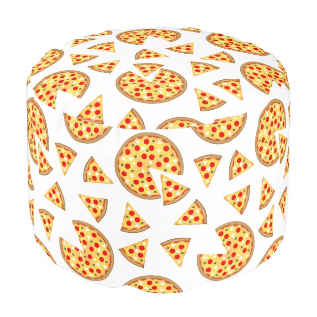 Cool fun pizza and slices pattern on white pouf (Angled Front)
