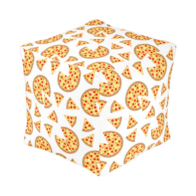Cool fun pizza and slices pattern on white pouf (Angled Front)