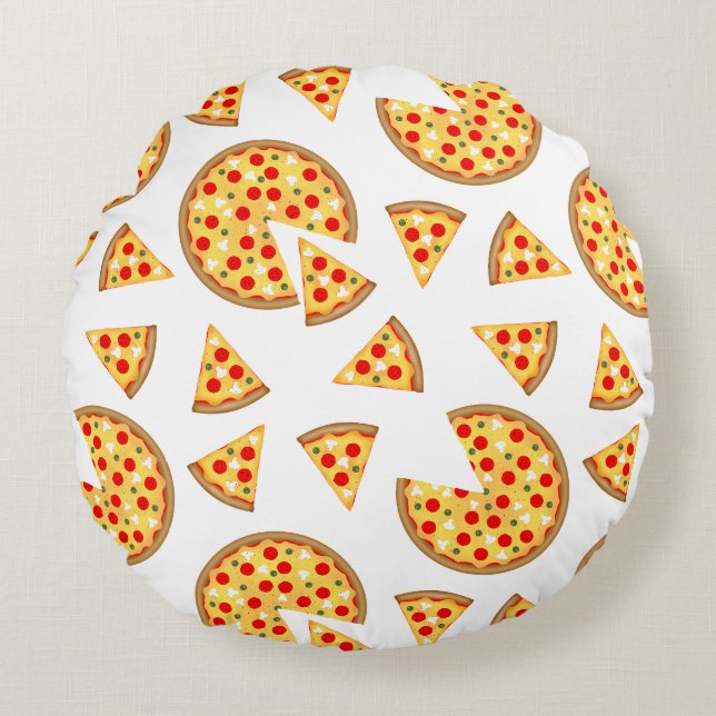 Cool fun pizza and slices pattern on white round pillow (Front)