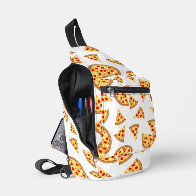 Cool fun pizza and slices pattern on white sling bag (Open)