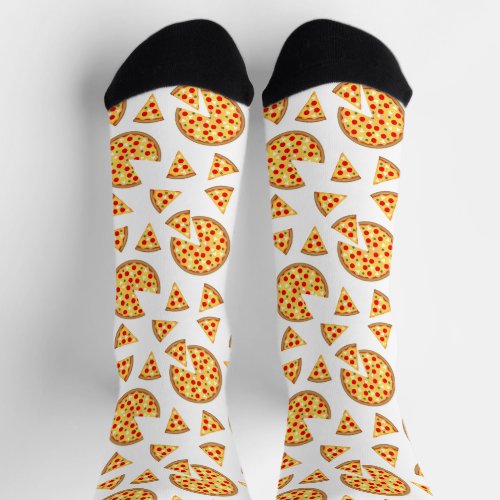 Cool fun pizza and slices pattern on white socks