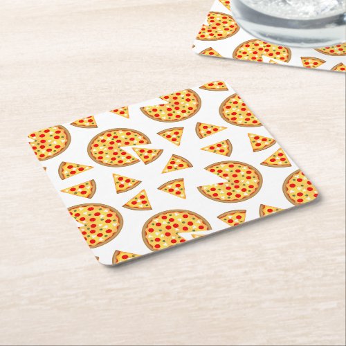 Cool fun pizza and slices pattern on white square paper coaster