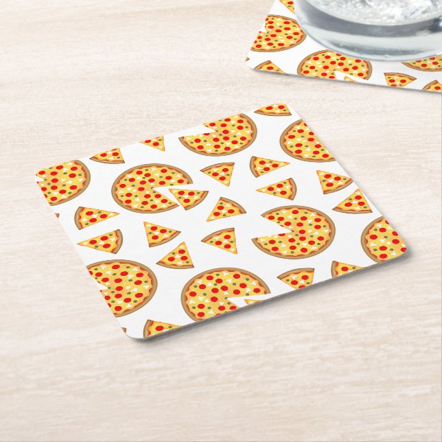 Cool fun pizza and slices pattern on white square paper coaster (Angled)