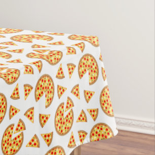 Cool fun pizza and slices pattern on white tablecloth