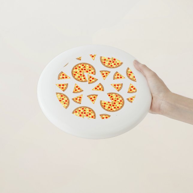 Cool fun pizza and slices pattern on white Wham-O frisbee (In Hand)