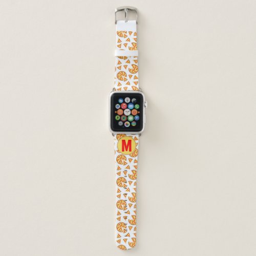 Cool fun pizza and slices pattern white Monogram Apple Watch Band