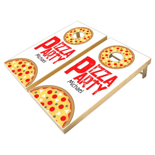 Cool fun pizza party kids birthday cornhole set (Angled)