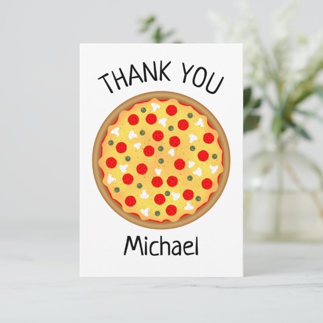Cool fun pizza party kids birthday thank you card (Standing Front)