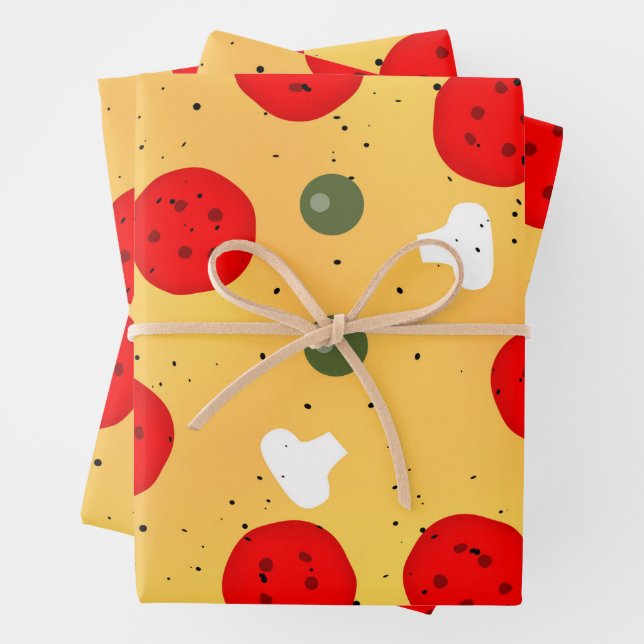 Cool fun pizza party pepperoni mushroom wrapping paper sheets (In situ)
