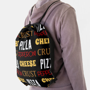 Cool fun pizza pepperoni cheese crust text pattern drawstring bag