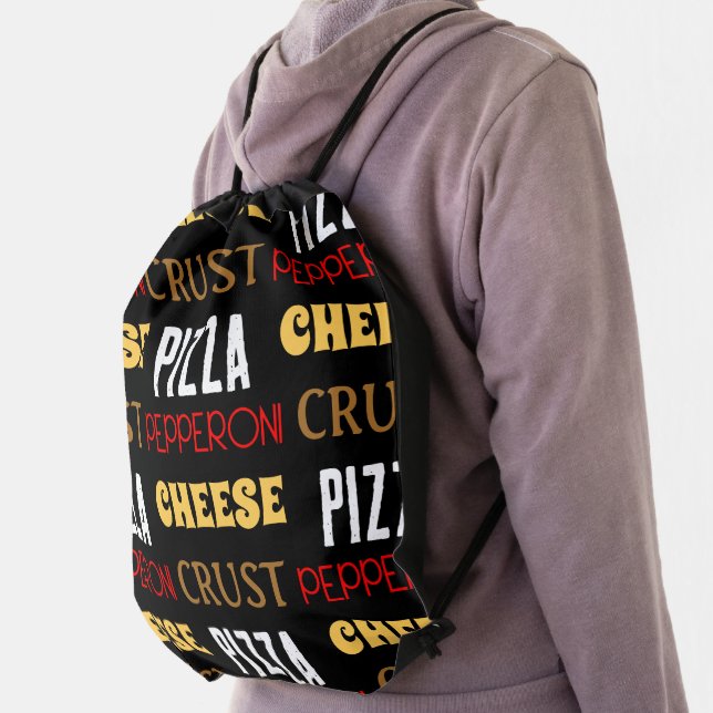 Cool fun pizza pepperoni cheese crust text pattern drawstring bag (Insitu)