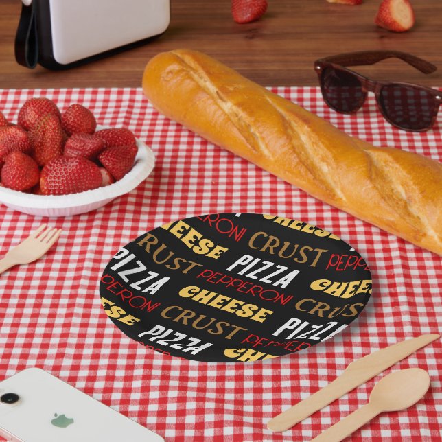 Cool fun pizza pepperoni cheese crust text pattern paper plates (Picnic)