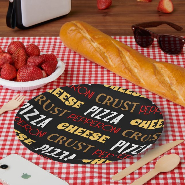 Cool fun pizza pepperoni cheese crust text pattern paper plates (Picnic)