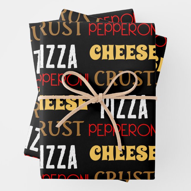 Cool fun pizza pepperoni cheese crust text pattern wrapping paper sheets (In situ)