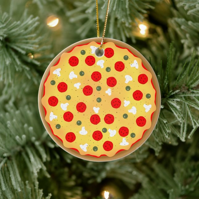 Cool fun pizza pepperoni mushroom ceramic ornament (Tree)