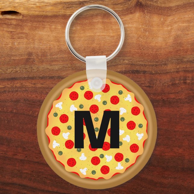 Cool fun pizza pepperoni mushroom Custom Monogram Keychain (Front)