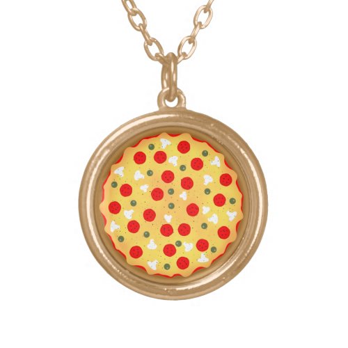 Cool fun pizza pepperoni mushroom gold plated necklace