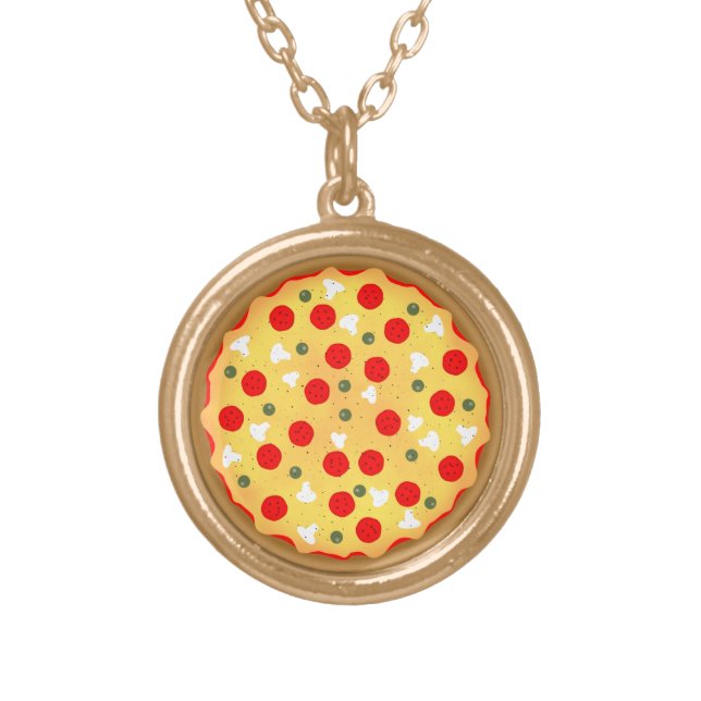 Cool fun pizza pepperoni mushroom gold plated necklace (Front)