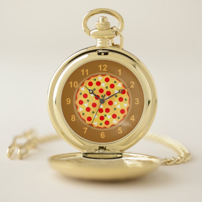 Cool fun pizza pepperoni mushroom with numbers pocket watch (Inside)