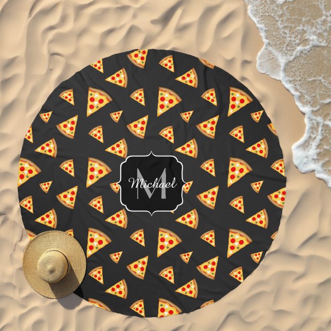 Cool fun pizza slices pattern dark gray Monogram Beach Towel (Beach)