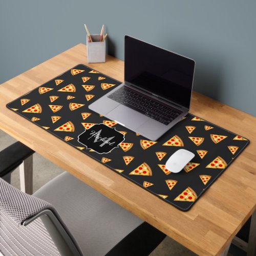 Cool fun pizza slices pattern dark gray Monogram Desk Mat