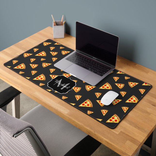 Cool fun pizza slices pattern dark gray Monogram Desk Mat (Office 2)