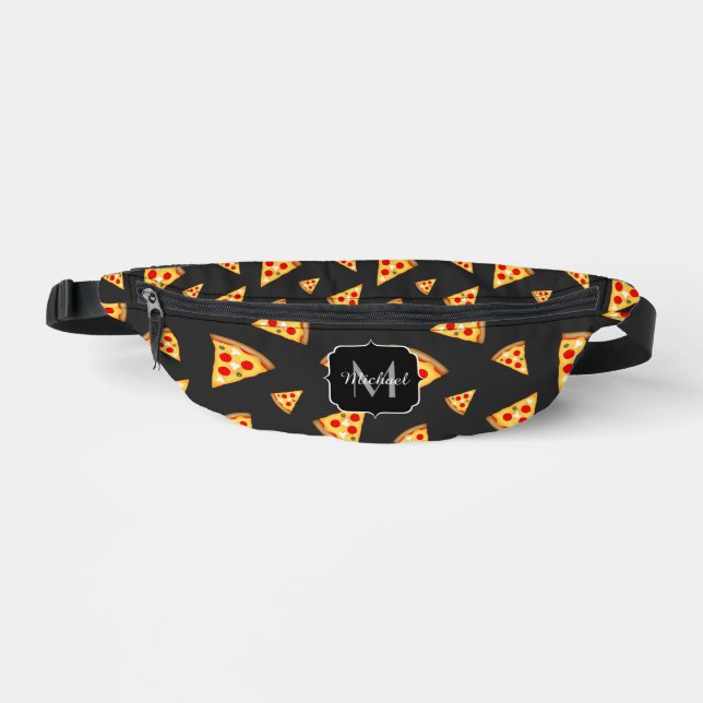 Cool fun pizza slices pattern dark gray Monogram Fanny Pack (Front)