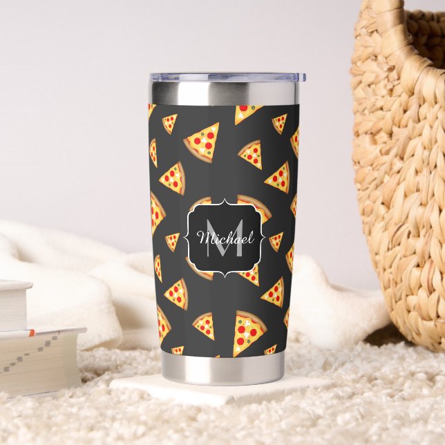 Cool fun pizza slices pattern dark gray Monogram Insulated Tumbler (Living Room)
