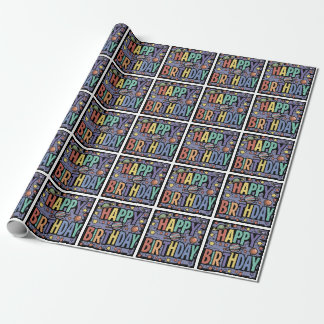 Cool Fun Planets and Stars Happy Birthday Abstract Wrapping Paper