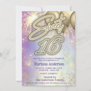 Cool fun purple gold balloon sparkle fireworks invitation