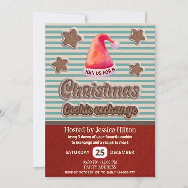 Cool fun retro santa hat cookie exchange party invitation (Front)